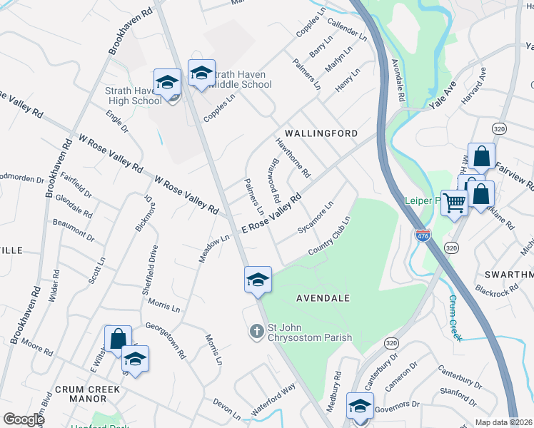 map of restaurants, bars, coffee shops, grocery stores, and more near 101 East Rose Valley Road in Nether Providence Township