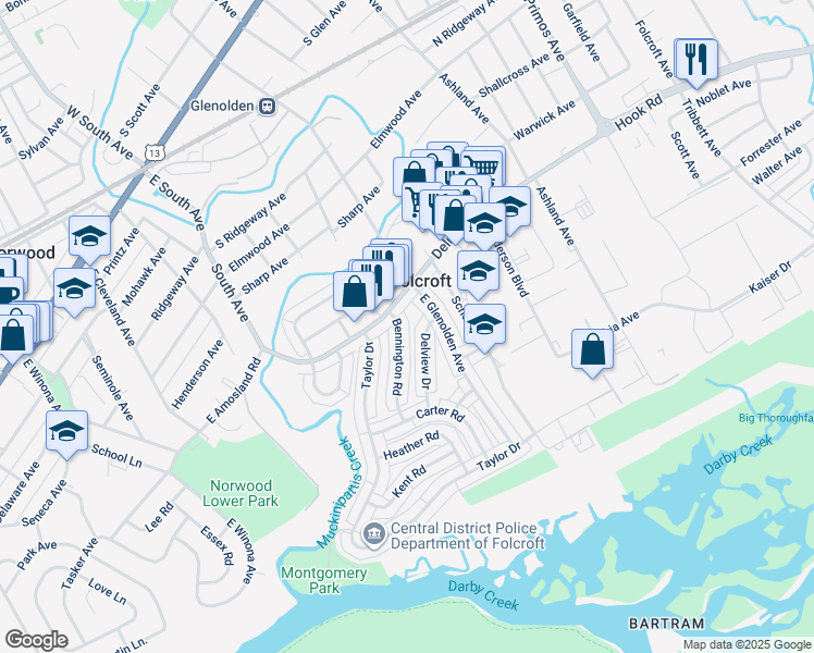 map of restaurants, bars, coffee shops, grocery stores, and more near 723 Bennington Road in Folcroft