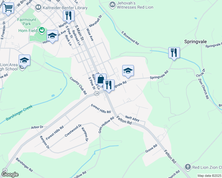 map of restaurants, bars, coffee shops, grocery stores, and more near 24 Springvale Road in Red Lion