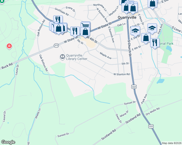 map of restaurants, bars, coffee shops, grocery stores, and more near 600 South Smith Drive in Quarryville