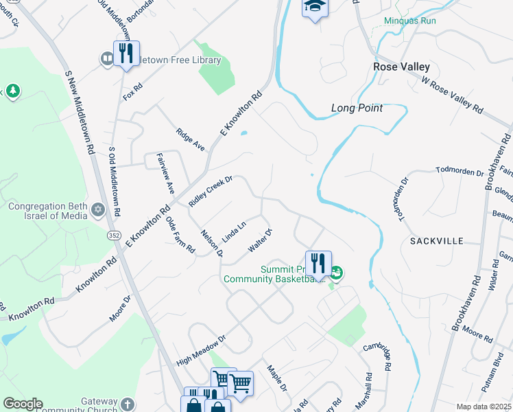 map of restaurants, bars, coffee shops, grocery stores, and more near 129 Walter Drive in Media