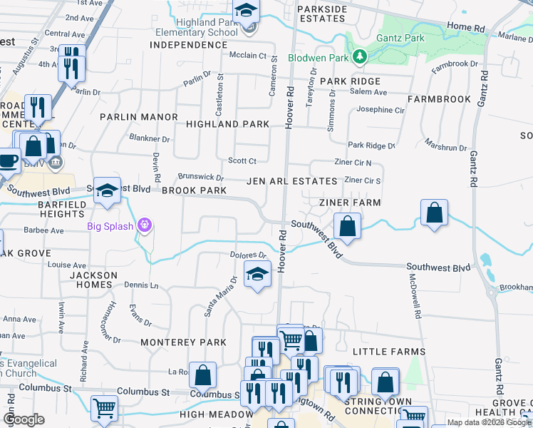 map of restaurants, bars, coffee shops, grocery stores, and more near 2544 Southwest Boulevard in Grove City