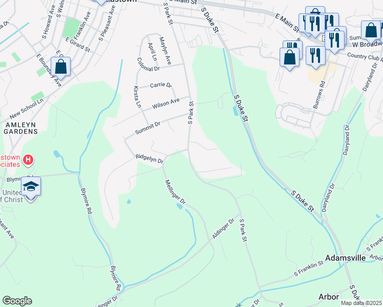 map of restaurants, bars, coffee shops, grocery stores, and more near 425 South Park Street in Dallastown