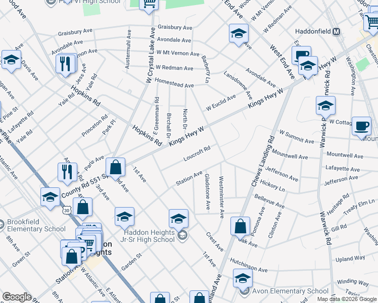 map of restaurants, bars, coffee shops, grocery stores, and more near 459 Loucroft Road in Haddonfield