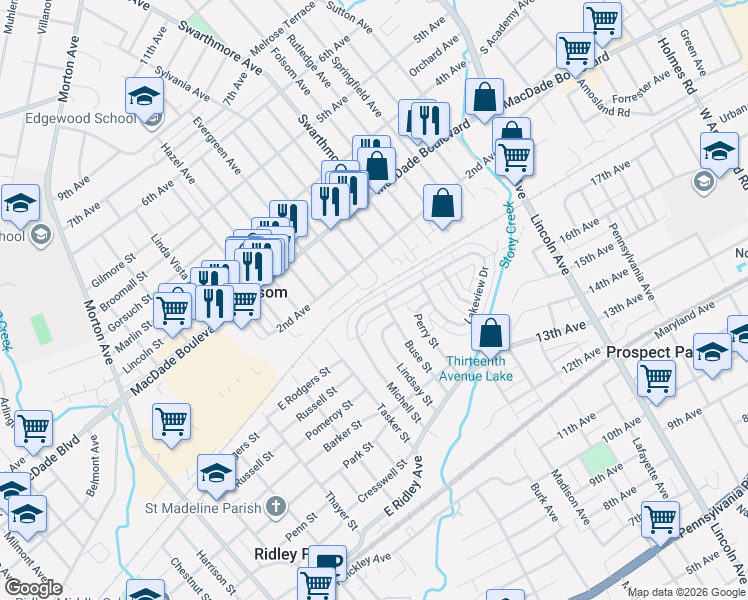 map of restaurants, bars, coffee shops, grocery stores, and more near 554 Michell Street in Ridley Park