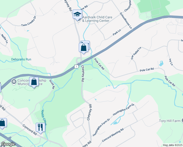 map of restaurants, bars, coffee shops, grocery stores, and more near 207 Cheyney Road in Delaware County