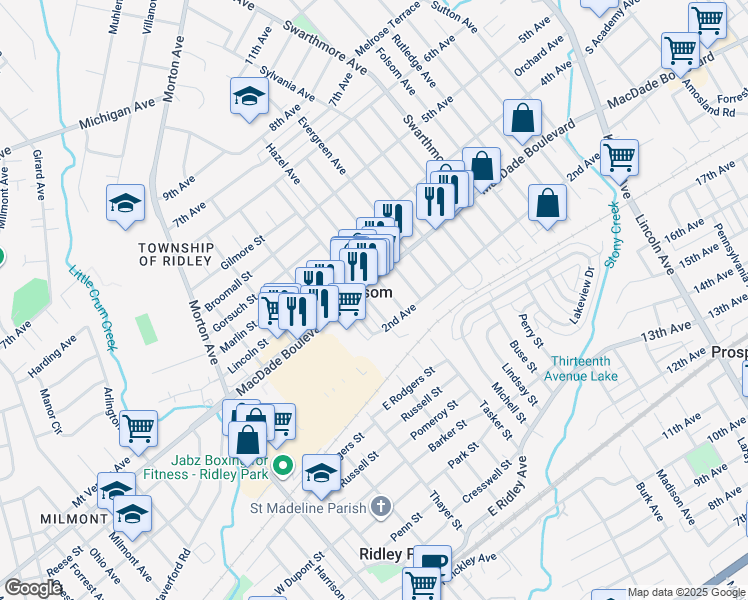 map of restaurants, bars, coffee shops, grocery stores, and more near 232 Edgewood Avenue in Folsom