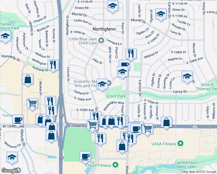 map of restaurants, bars, coffee shops, grocery stores, and more near 440 Garland Drive in Northglenn