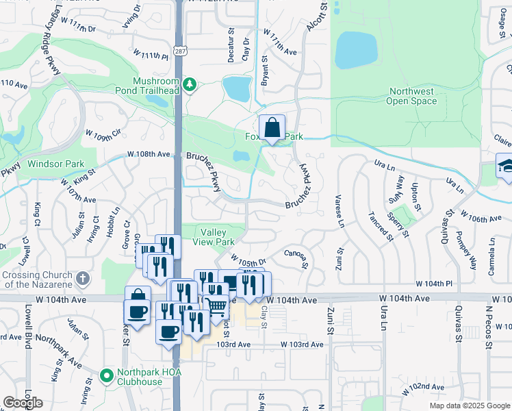 map of restaurants, bars, coffee shops, grocery stores, and more near 2701 West 106th Loop in Westminster