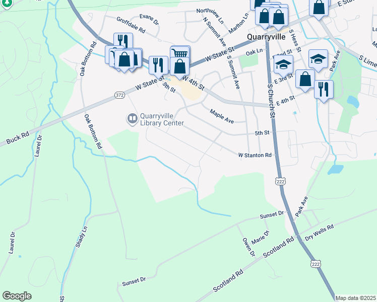 map of restaurants, bars, coffee shops, grocery stores, and more near 222 West Fritz Avenue in Quarryville