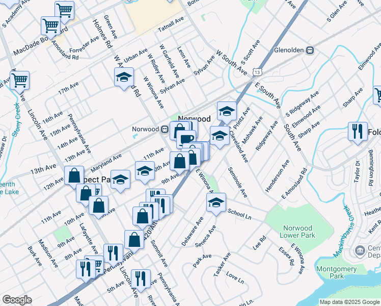 map of restaurants, bars, coffee shops, grocery stores, and more near 19 West Winona Avenue in Norwood