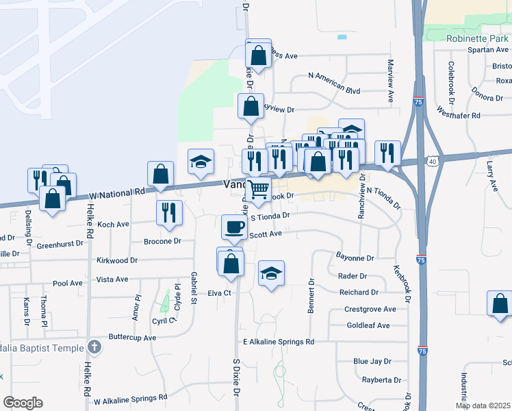 map of restaurants, bars, coffee shops, grocery stores, and more near 18 Kenbrook Drive in Vandalia