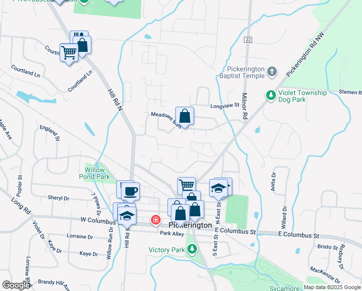 map of restaurants, bars, coffee shops, grocery stores, and more near 24 Mockingbird Court in Pickerington