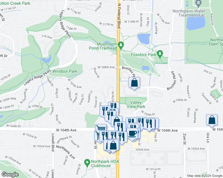 map of restaurants, bars, coffee shops, grocery stores, and more near 3050 West 107th Place in Westminster