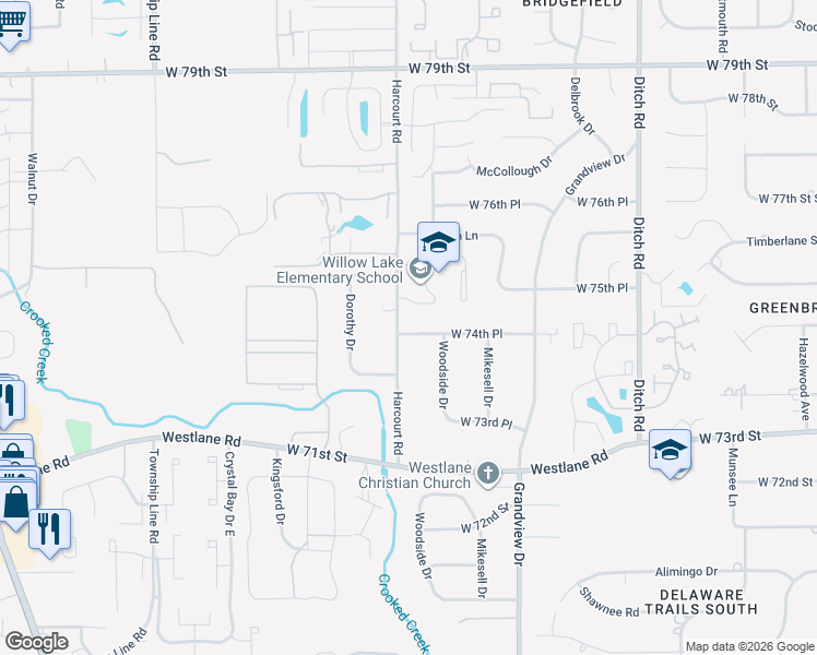 map of restaurants, bars, coffee shops, grocery stores, and more near 1840 West 74th Place in Indianapolis