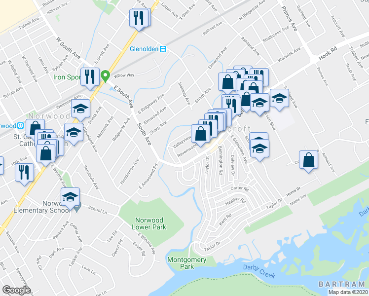 map of restaurants, bars, coffee shops, grocery stores, and more near 2114 Ravenwood Drive in Folcroft