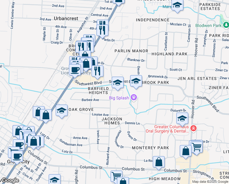 map of restaurants, bars, coffee shops, grocery stores, and more near 3646 Richard Avenue in Grove City