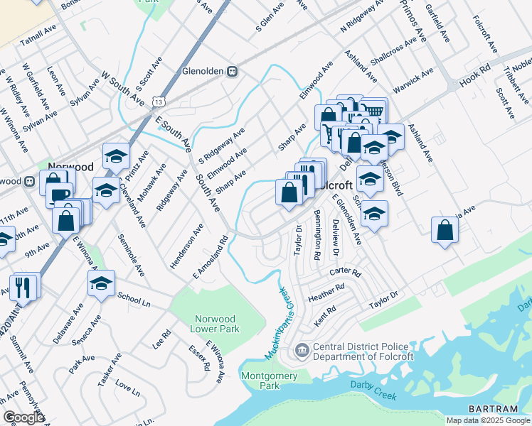 map of restaurants, bars, coffee shops, grocery stores, and more near 2114 Ravenwood Drive in Folcroft