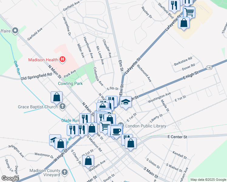 map of restaurants, bars, coffee shops, grocery stores, and more near 82 E 5th St in London