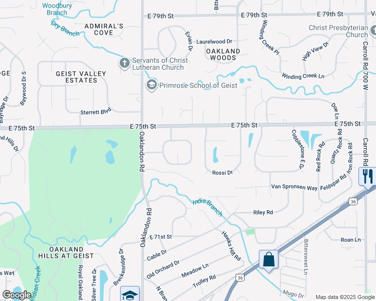 map of restaurants, bars, coffee shops, grocery stores, and more near 7412 Fairway Circle East Drive in Indianapolis