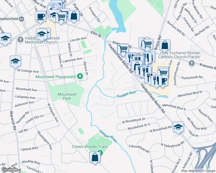 map of restaurants, bars, coffee shops, grocery stores, and more near 213 Tavistock Road in Cherry Hill