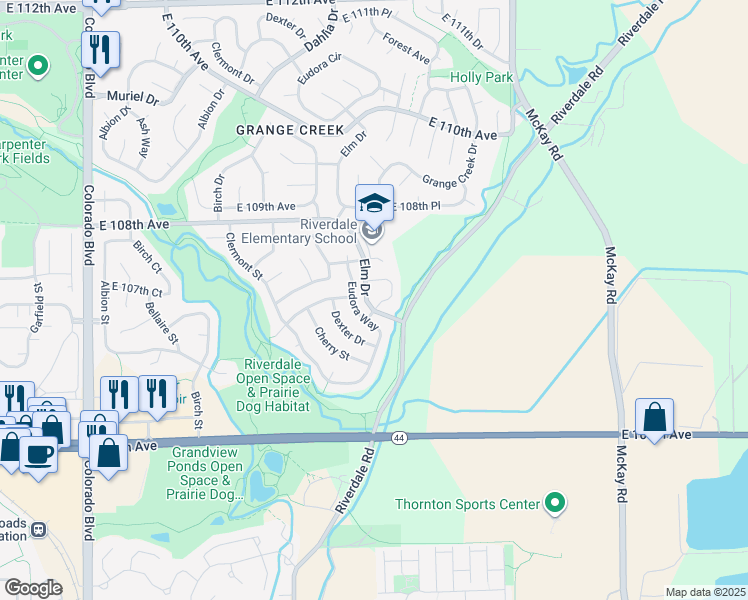 map of restaurants, bars, coffee shops, grocery stores, and more near 5001 East 106th Circle in Thornton