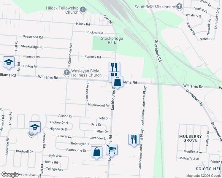 map of restaurants, bars, coffee shops, grocery stores, and more near 3531 Lockbourne Road in Columbus