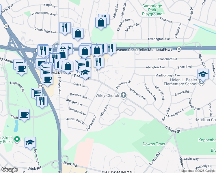 map of restaurants, bars, coffee shops, grocery stores, and more near 82 East Main Street in Evesham Township