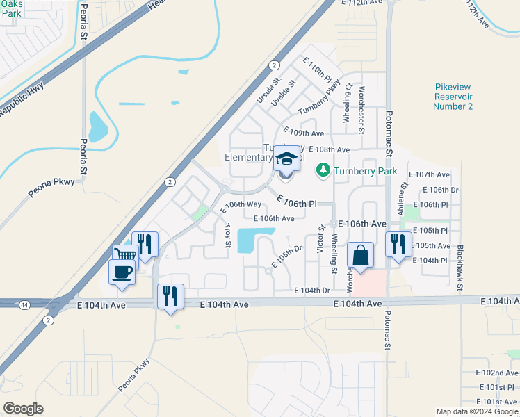 map of restaurants, bars, coffee shops, grocery stores, and more near 12927 East 106th Avenue in Commerce City