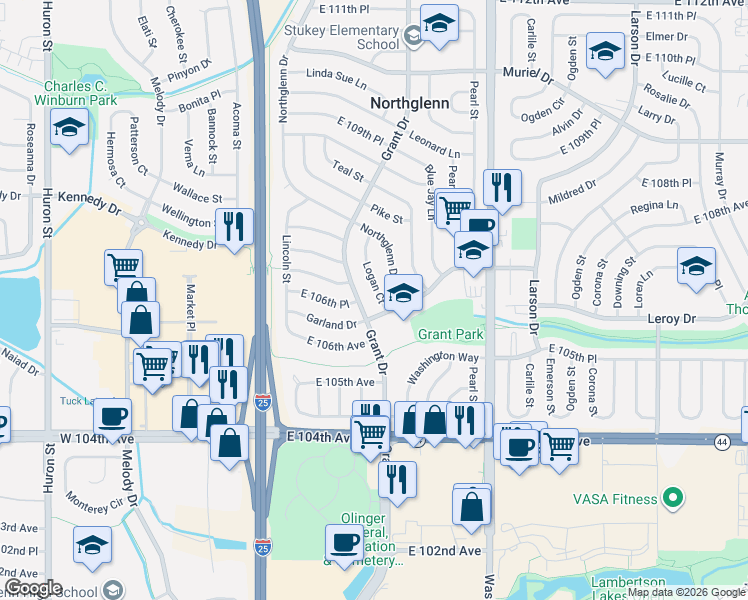 map of restaurants, bars, coffee shops, grocery stores, and more near 10646 Logan Court in Northglenn