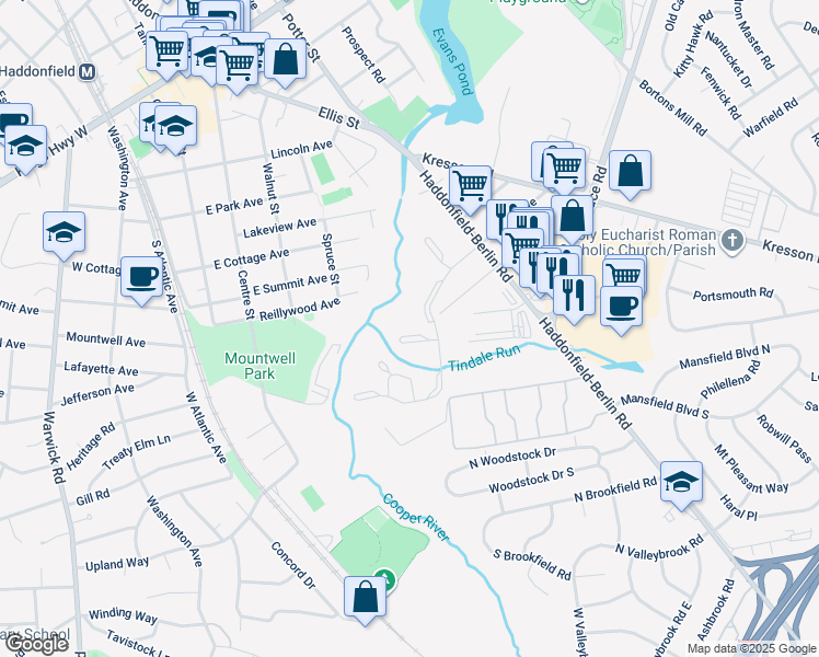 map of restaurants, bars, coffee shops, grocery stores, and more near 213 Tavistock Road in Cherry Hill