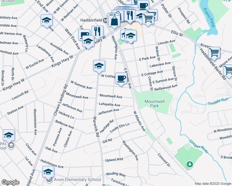 map of restaurants, bars, coffee shops, grocery stores, and more near 415 Washington Avenue in Haddonfield