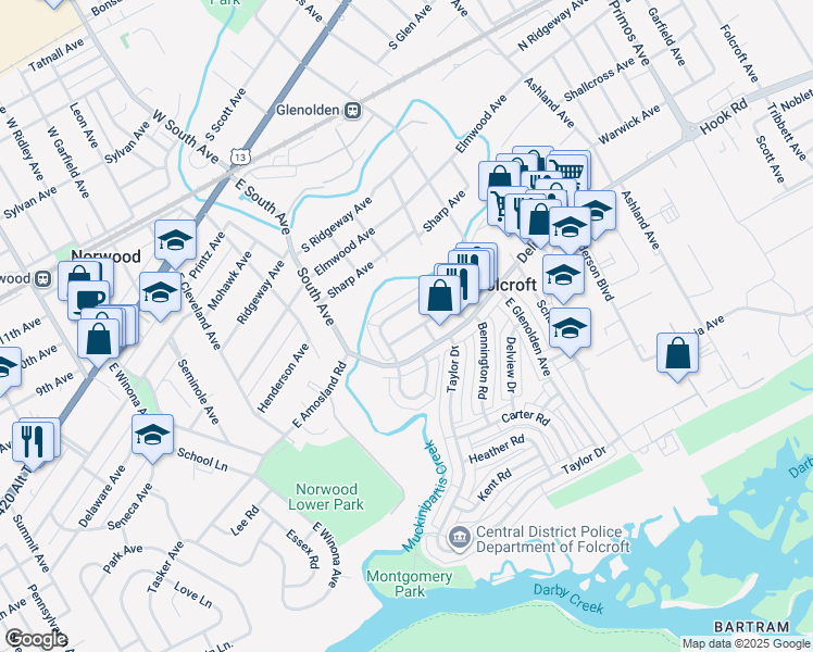 map of restaurants, bars, coffee shops, grocery stores, and more near 2112 Ravenwood Drive in Folcroft