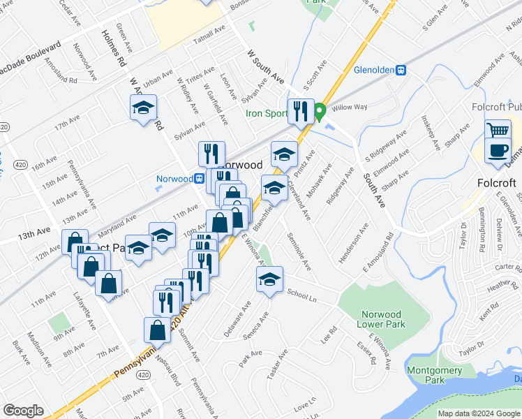 map of restaurants, bars, coffee shops, grocery stores, and more near 328 Chester Pike in Norwood