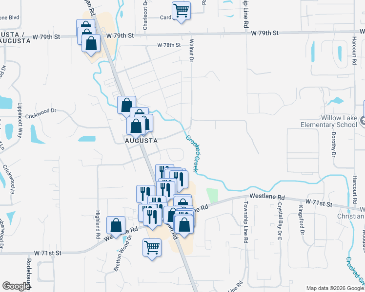 map of restaurants, bars, coffee shops, grocery stores, and more near 2711 Wortham Way in Indianapolis