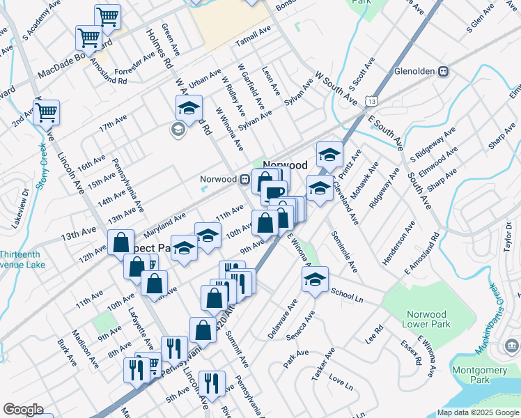 map of restaurants, bars, coffee shops, grocery stores, and more near 43 West Amosland Road in Norwood