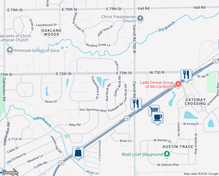 map of restaurants, bars, coffee shops, grocery stores, and more near 7403 Red Rock Road in Indianapolis
