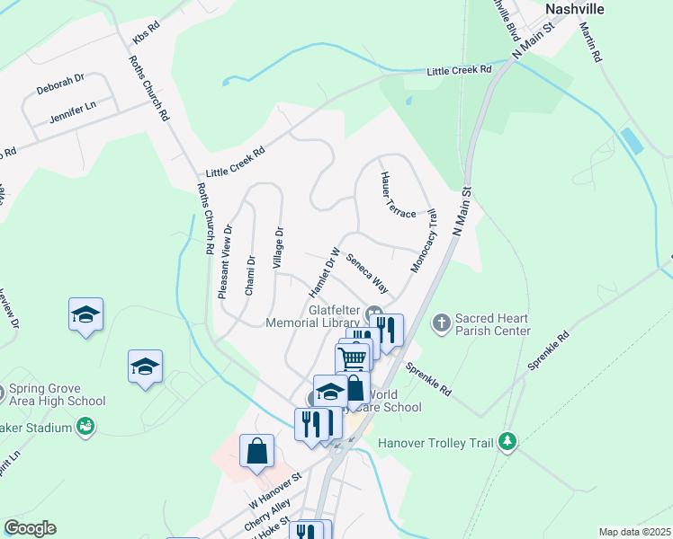 map of restaurants, bars, coffee shops, grocery stores, and more near 213 Conestoga Lane in Spring Grove