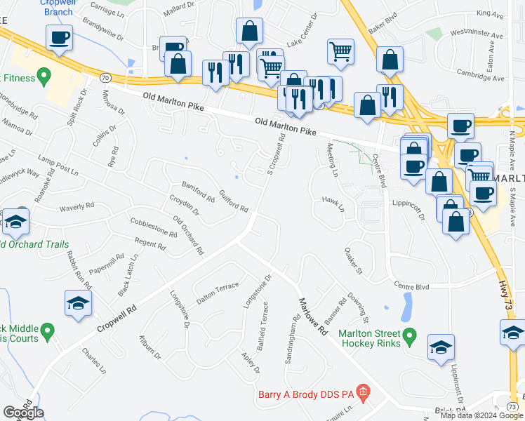 map of restaurants, bars, coffee shops, grocery stores, and more near 703 Crestbrook Avenue in Cherry Hill