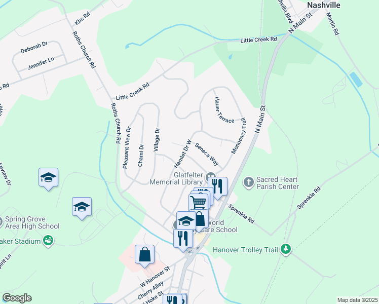 map of restaurants, bars, coffee shops, grocery stores, and more near 213 Conestoga Lane in Spring Grove