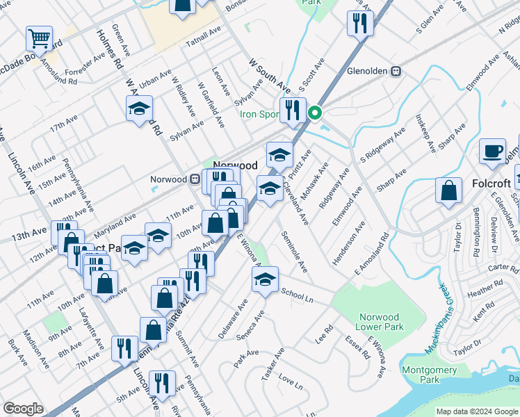 map of restaurants, bars, coffee shops, grocery stores, and more near 314 Chester Pike in Norwood