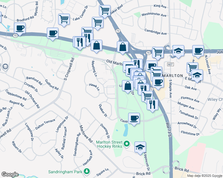 map of restaurants, bars, coffee shops, grocery stores, and more near 607 Lindsey Court in Evesham