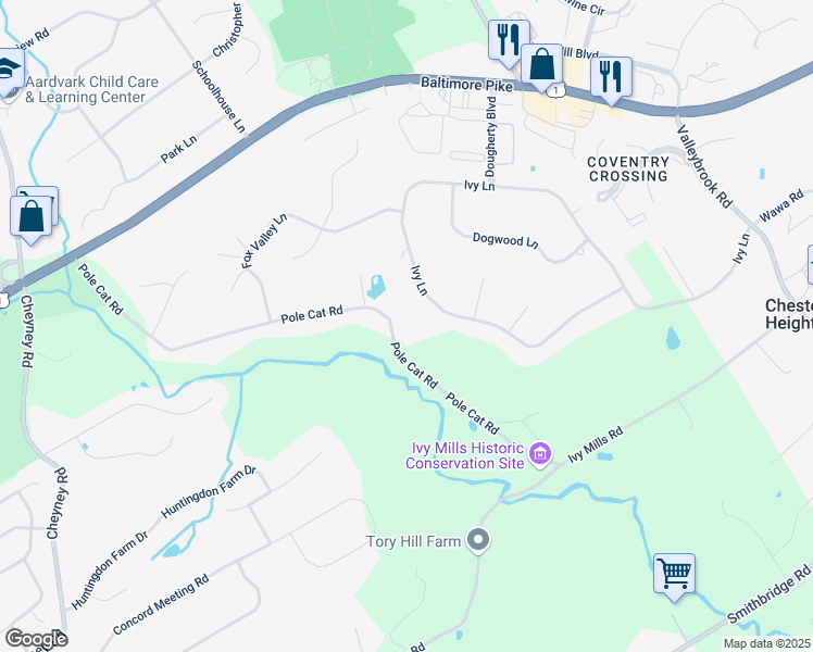 map of restaurants, bars, coffee shops, grocery stores, and more near 115 Pole Cat Road in Glen Mills