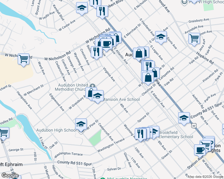 map of restaurants, bars, coffee shops, grocery stores, and more near 260 Mansion Avenue in Audubon