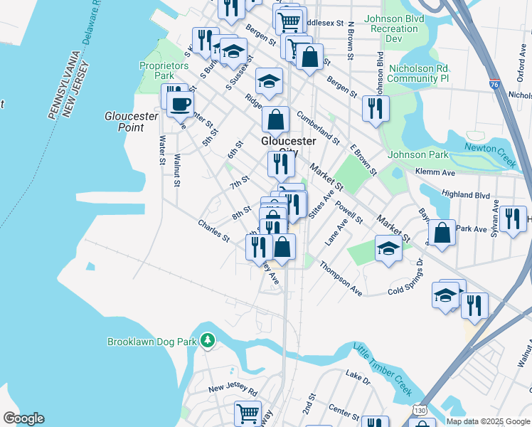 map of restaurants, bars, coffee shops, grocery stores, and more near 820 Center Street in Gloucester City