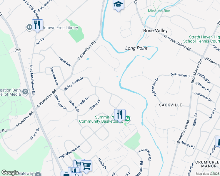 map of restaurants, bars, coffee shops, grocery stores, and more near 827 Ridley Creek Drive in Media