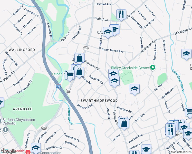 map of restaurants, bars, coffee shops, grocery stores, and more near 1563 Raymond Circle in Swarthmore