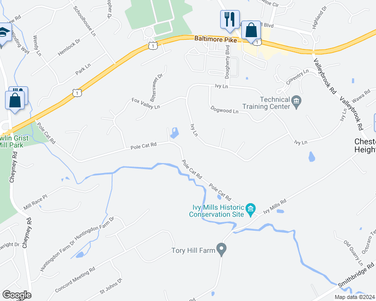 map of restaurants, bars, coffee shops, grocery stores, and more near 115 Pole Cat Road in Glen Mills
