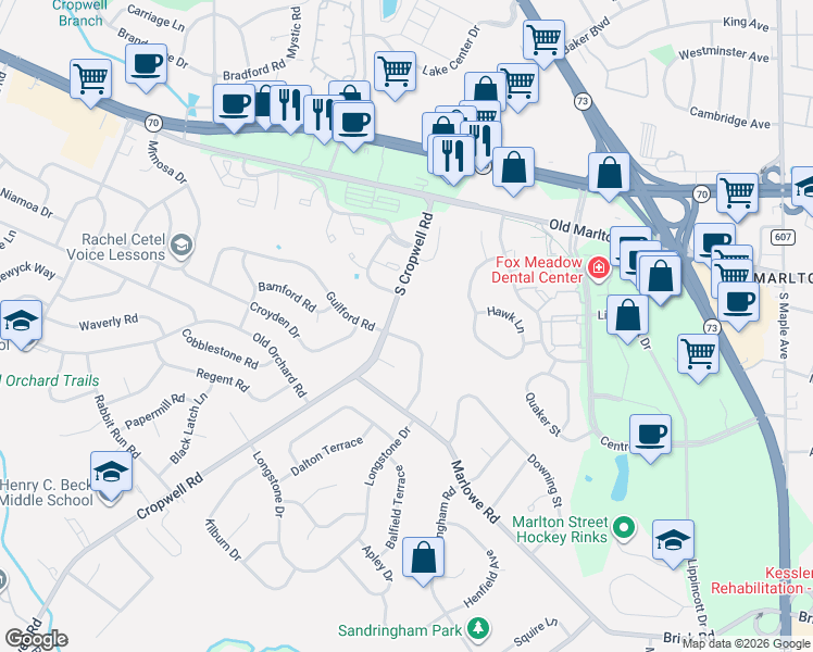 map of restaurants, bars, coffee shops, grocery stores, and more near 703 Crestbrook Avenue in Cherry Hill