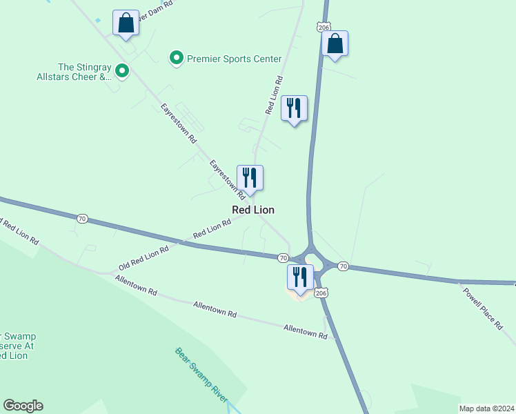 map of restaurants, bars, coffee shops, grocery stores, and more near 102 Red Lion Road in Southampton Township